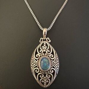 Awesome Bali Style Open Scroll Work Sterling Silver Black Opal Pendant Necklace